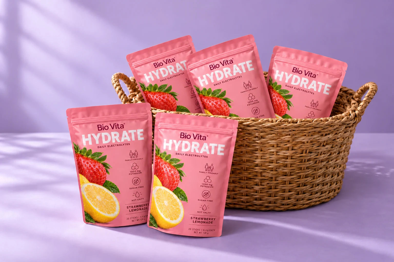 Five pink Bio Vita pouches: three in a woven basket and two on the lavender tabletop