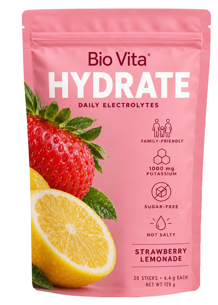 Bio Vita HYDRATE Strawberry Lemonade pouch, containing 20 sticks