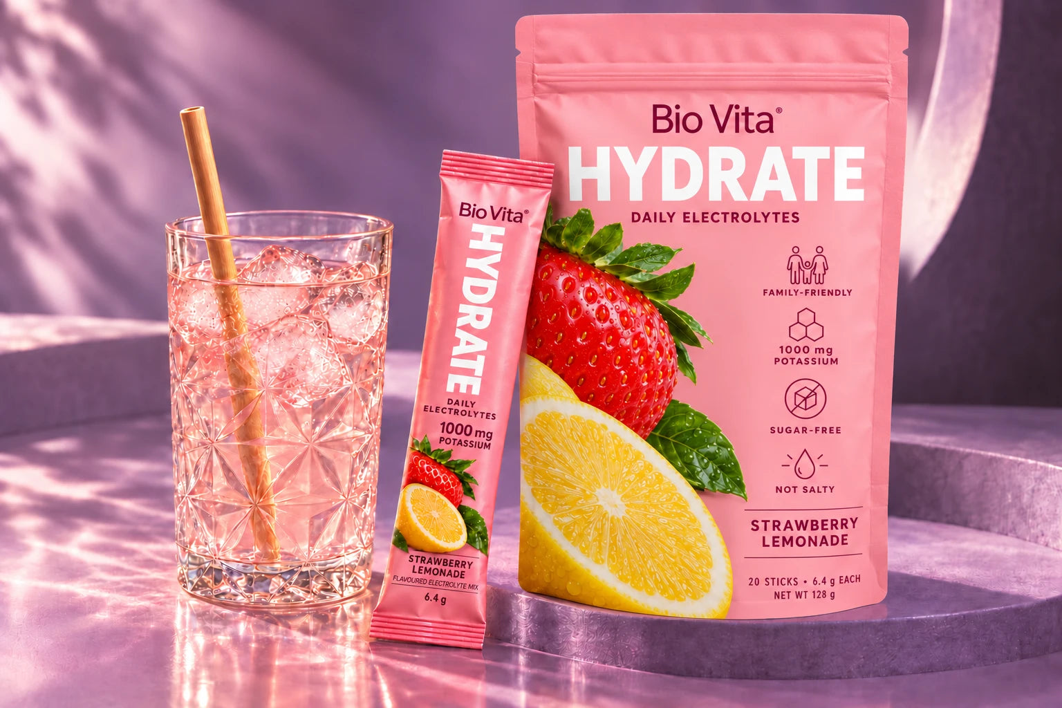 Pink Strawberry Lemonade with ice beside the Bio Vita pouch and stick pack on a purple studio backdrop